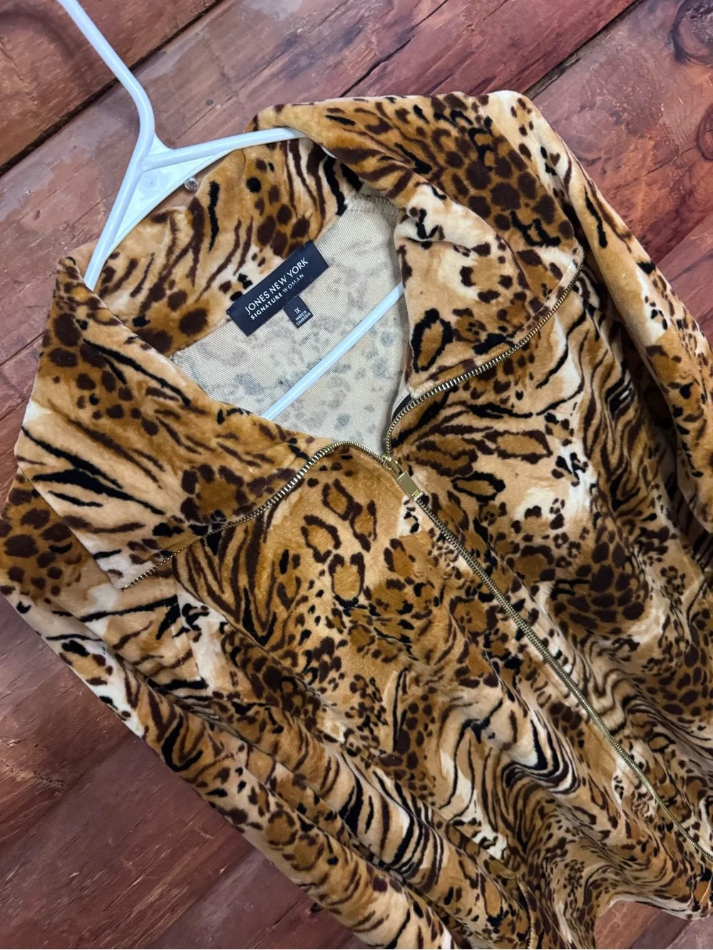 Jones New York Faux Fur Animal Print Zip Jacket - Brown/Tan/Black